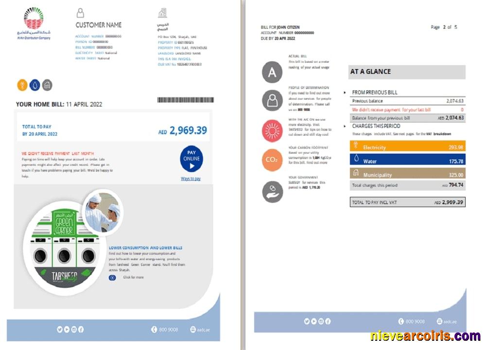 UAE Sharjah Al Ain Distribution Co utility bill 5 pages 1 2